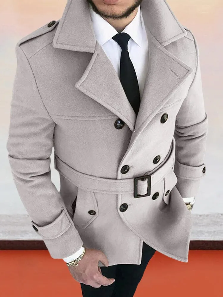 Lapel Double-breasted Tweed Coat With Belt