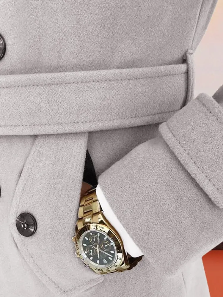 Lapel Double-breasted Tweed Coat With Belt