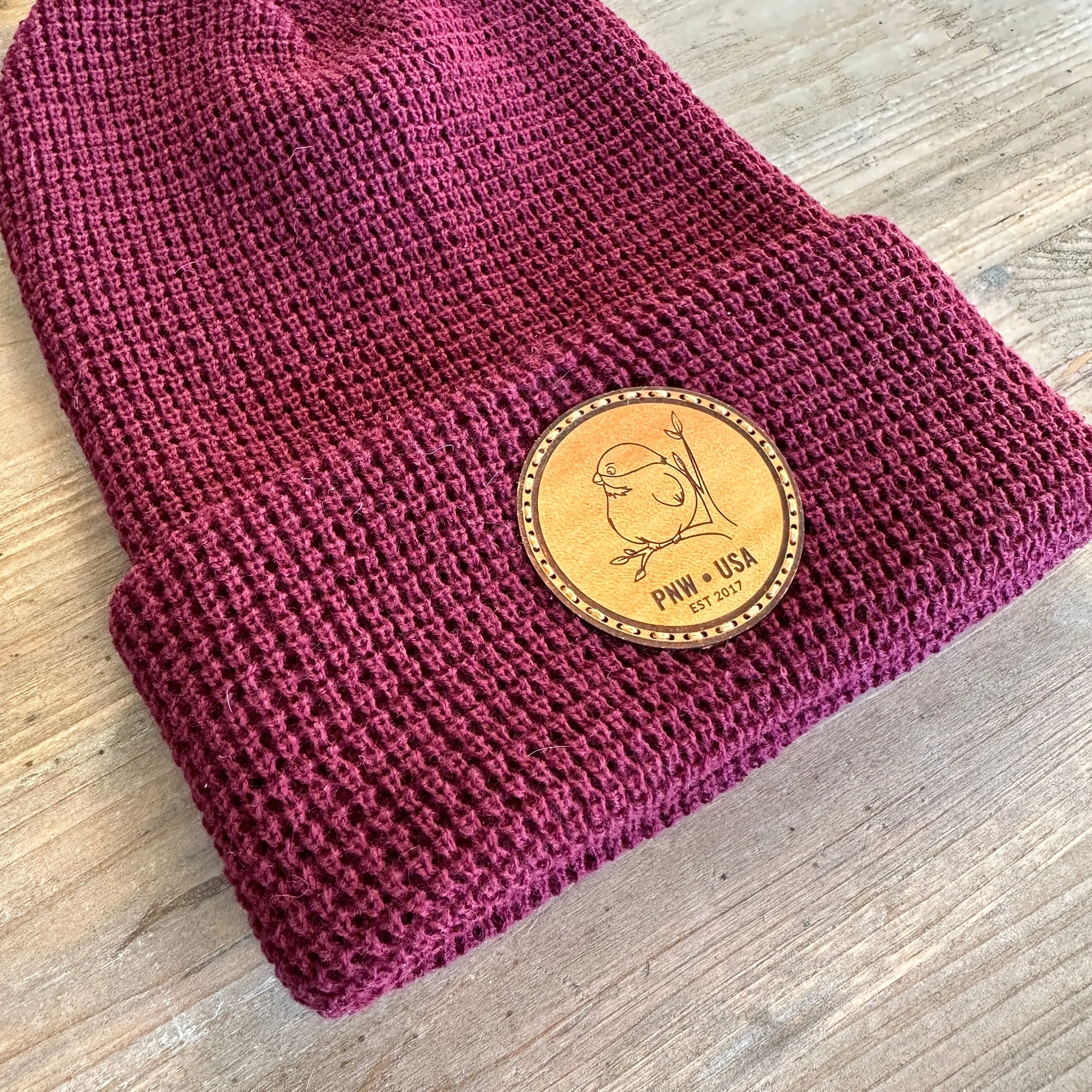 Leather Patch Waffle Knit Beanie Hat
