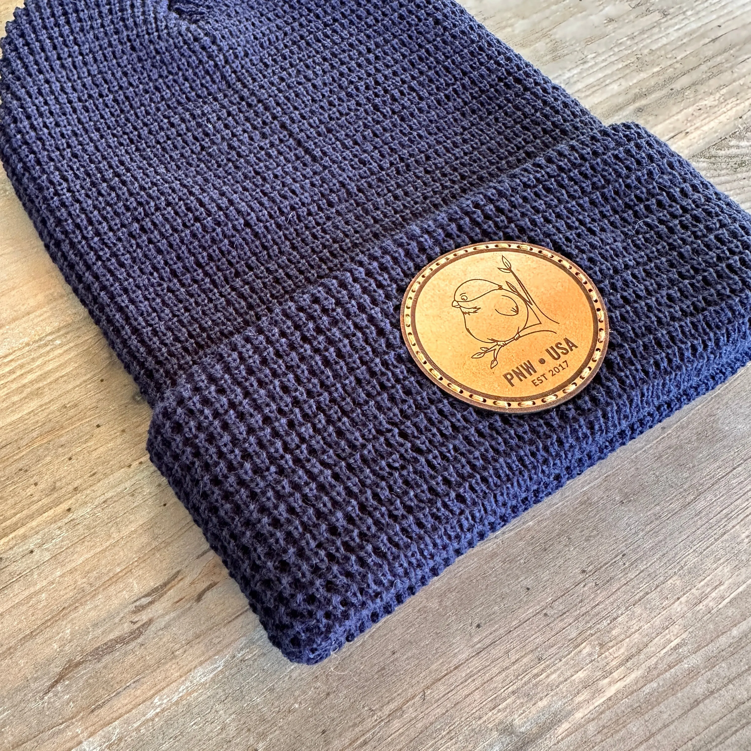 Leather Patch Waffle Knit Beanie Hat