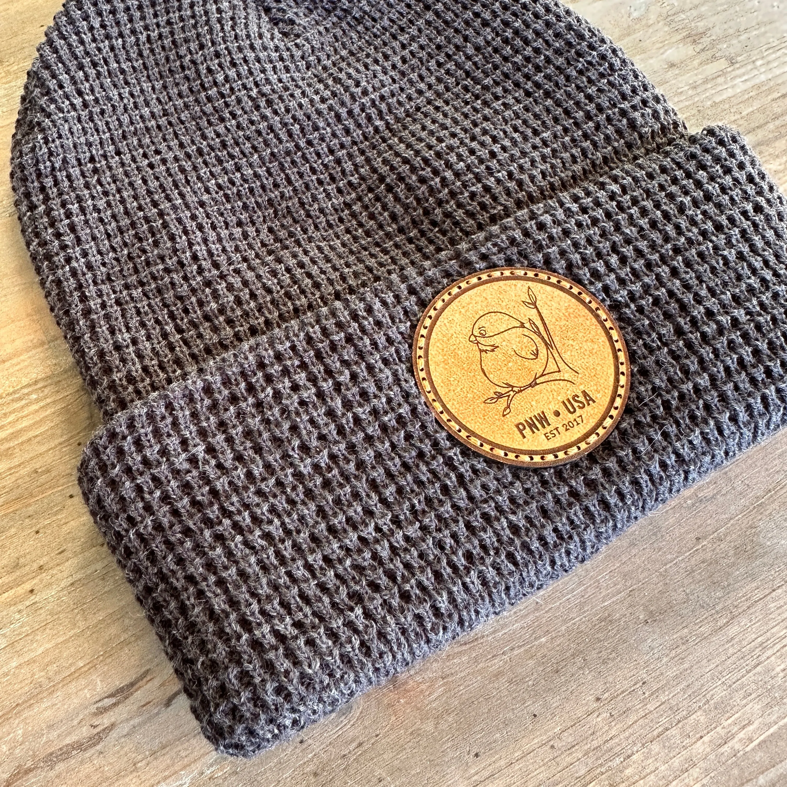 Leather Patch Waffle Knit Beanie Hat
