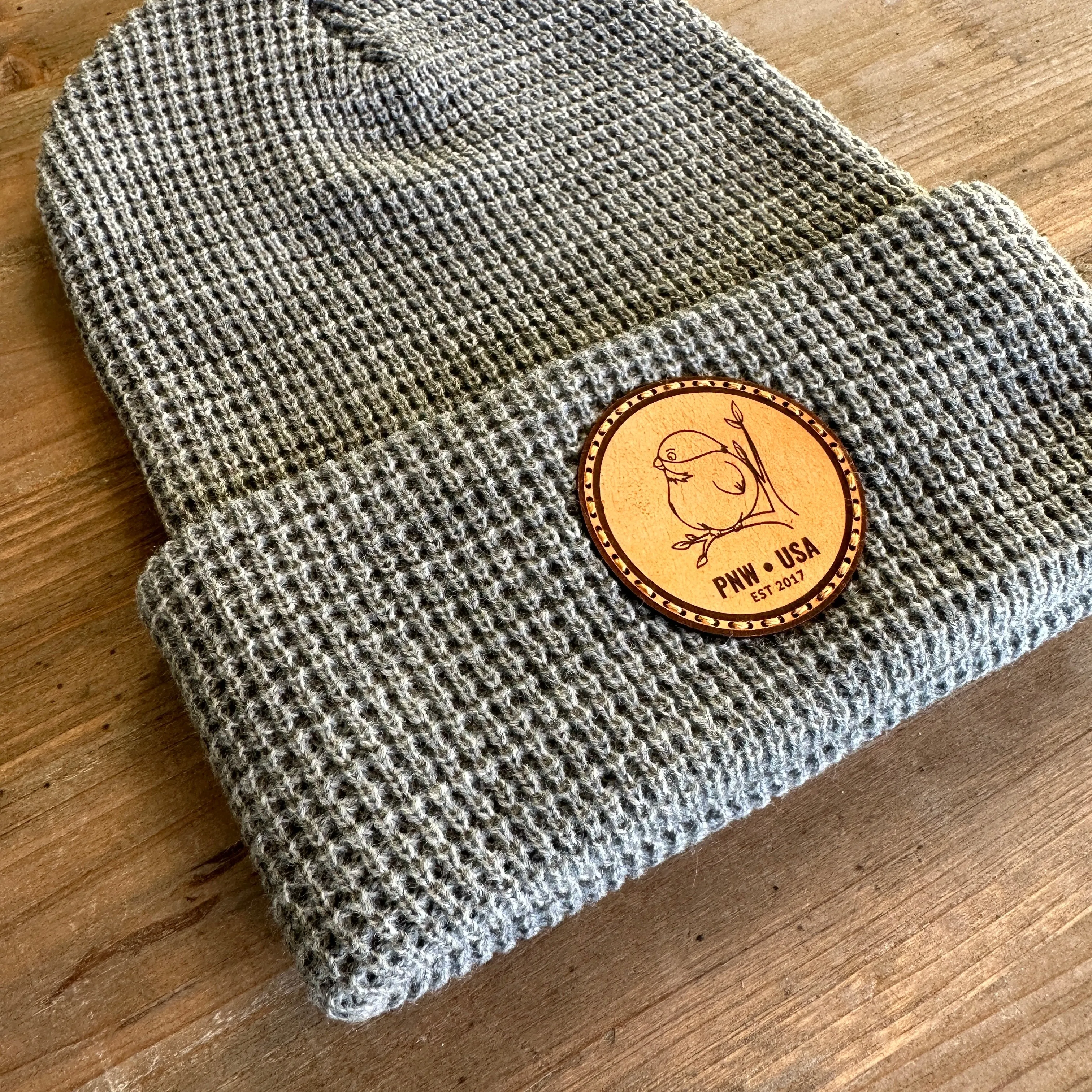 Leather Patch Waffle Knit Beanie Hat