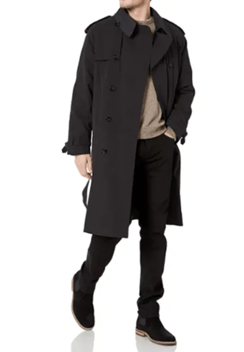 London Fog Men Classic Fit Iconic Belted Trench Raincoat Coat 40R Black