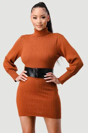 LUXE SWEATER KNIT WAIST PLEATED BELT MINI DRESS