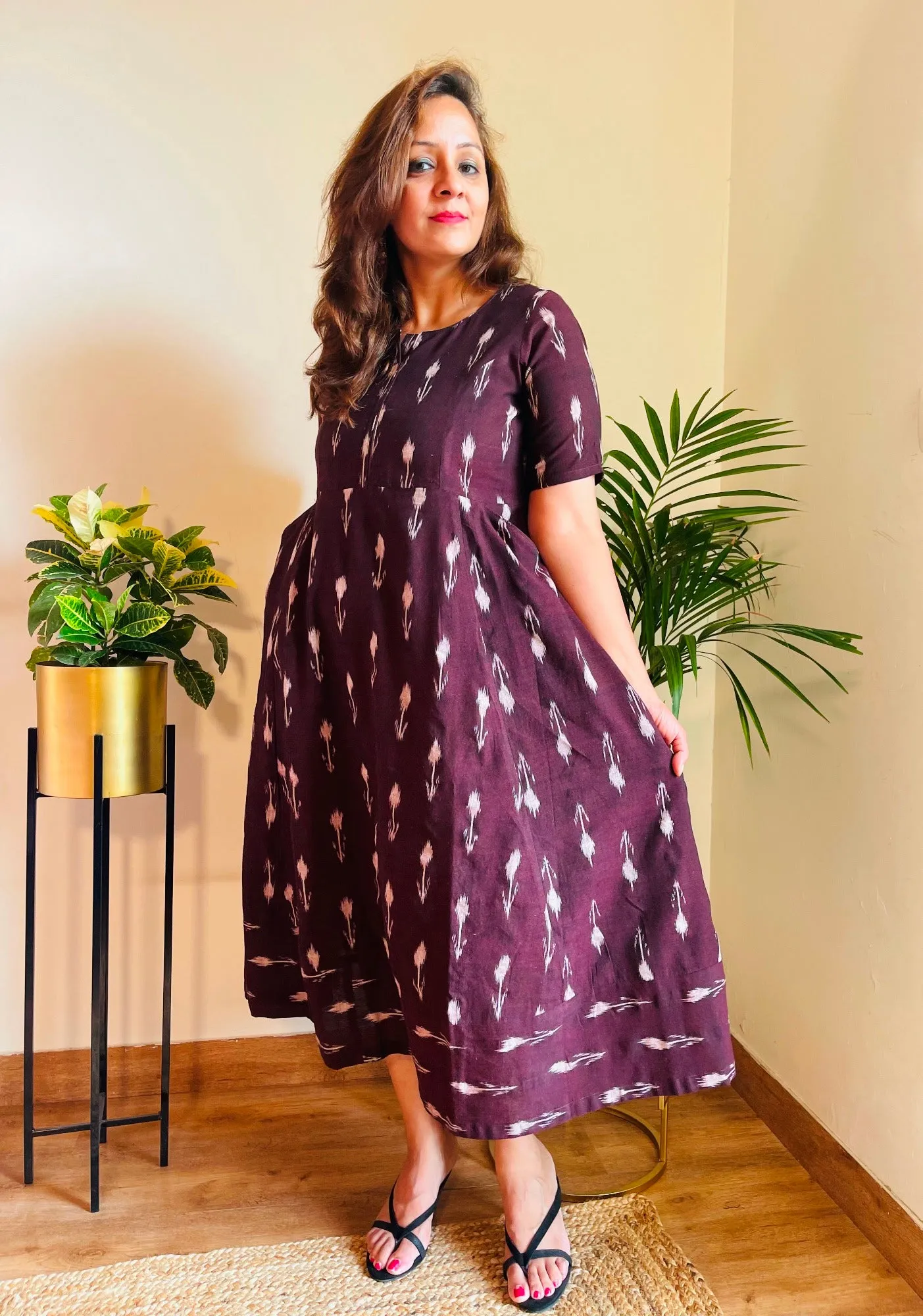 Maroon Winish Ikat Cotton Dress
