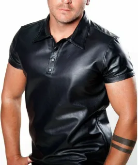 Men's Black Genuine Leather Polo Style shirt