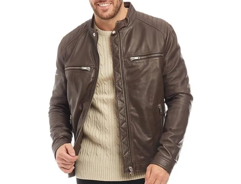 Men's Brown Genuine Leather Racer Neck Biker Jacket