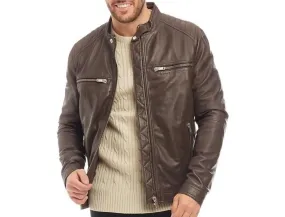 Men's Brown Genuine Leather Racer Neck Biker Jacket