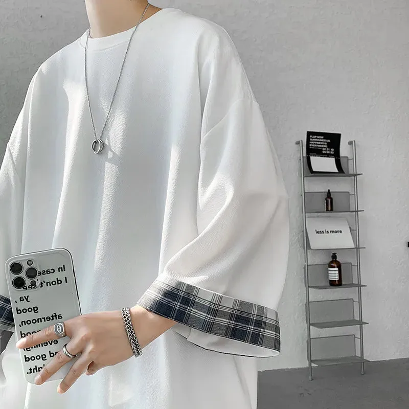 Men's Loose Plaid Casual Seven sleeves T-Shirt