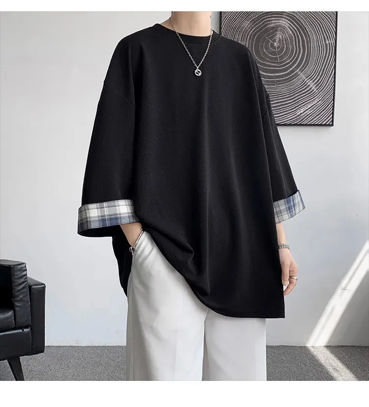 Men's Loose Plaid Casual Seven sleeves T-Shirt