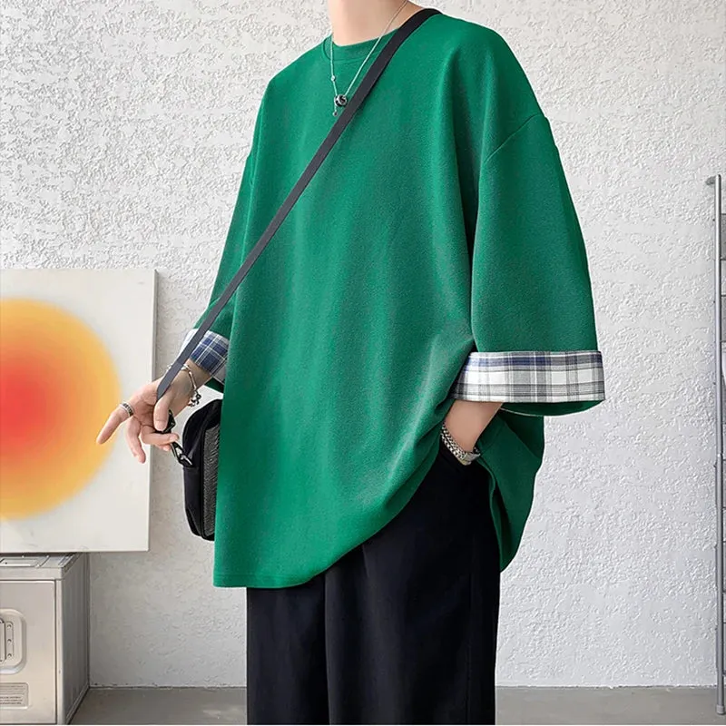 Men's Loose Plaid Casual Seven sleeves T-Shirt