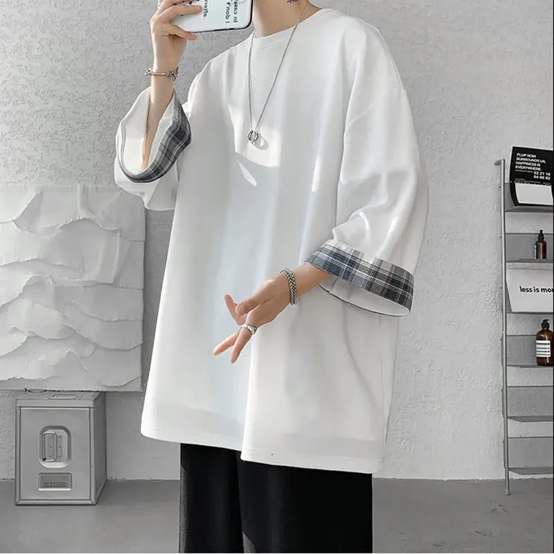 Men's Loose Plaid Casual Seven sleeves T-Shirt