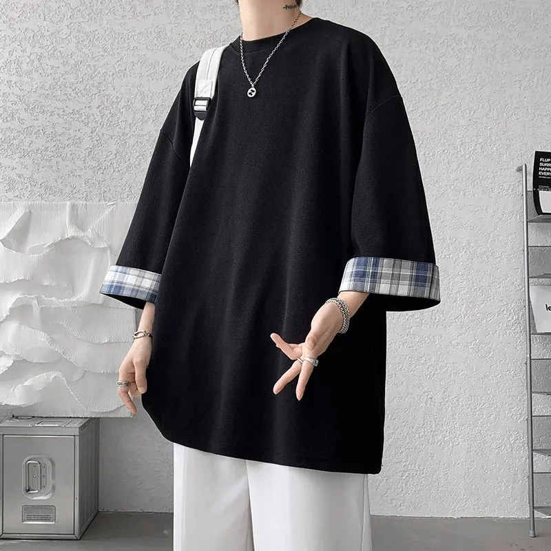 Men's Loose Plaid Casual Seven sleeves T-Shirt