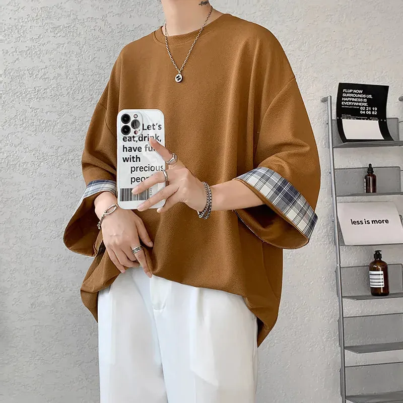 Men's Loose Plaid Casual Seven sleeves T-Shirt