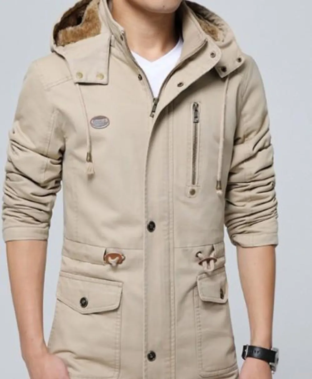 Mens Trench Coat with Removable Hood and Warm Lining