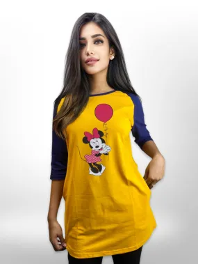 Minnie Red Printed  Raglan Sleeve Side Pocket Long T-shirt For Women's