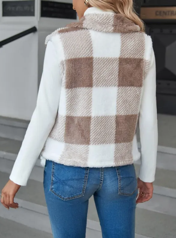 Monogrammed Brown Plaid Teddy Vest Coat