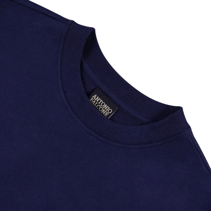 Navy unbrushed 100% combed cotton men's soft sweatshirt by Antonio falcone | Stonewashed loose relaxed fit sweatshirt for comfort