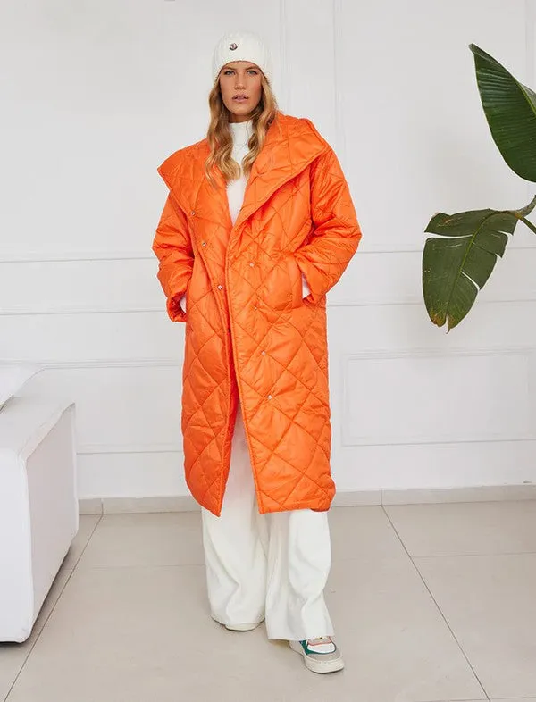 Neon Orange Long Diamond Pattern Coat