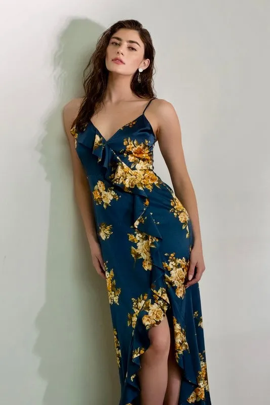 Night Fall Satin Ruffled Maxi Dress