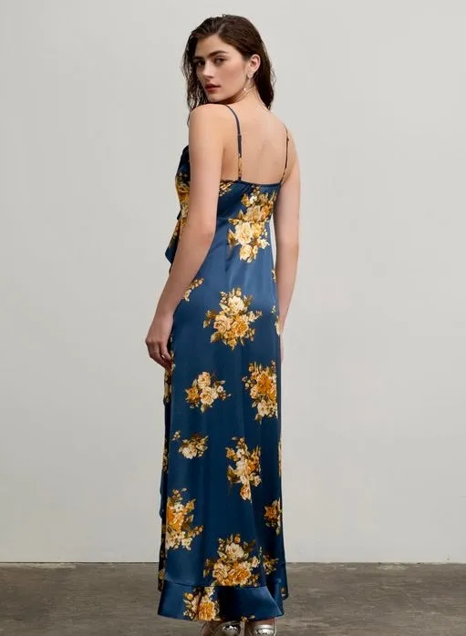 Night Fall Satin Ruffled Maxi Dress