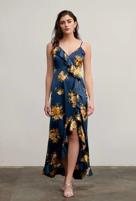 Night Fall Satin Ruffled Maxi Dress