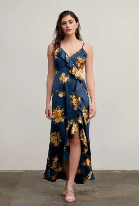Night Fall Satin Ruffled Maxi Dress