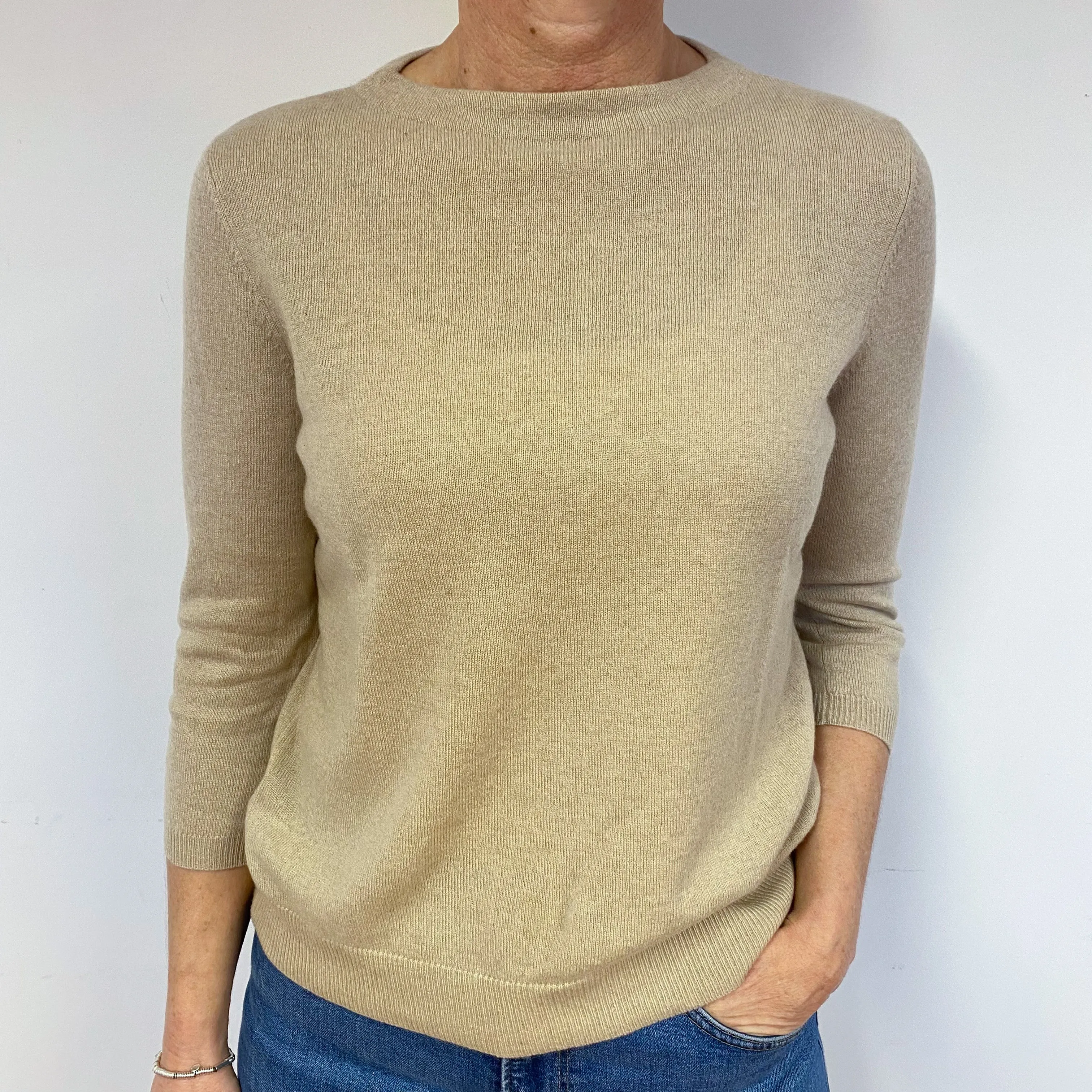 Oatmeal Beige Cashmere Crew Neck Jumper Medium