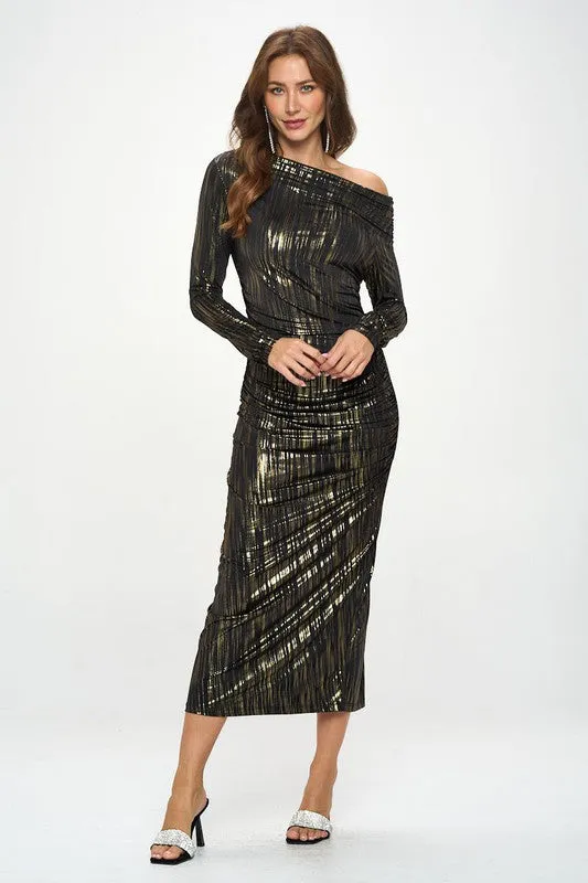Off Shoulder Bodycon Midi Ruched Dress