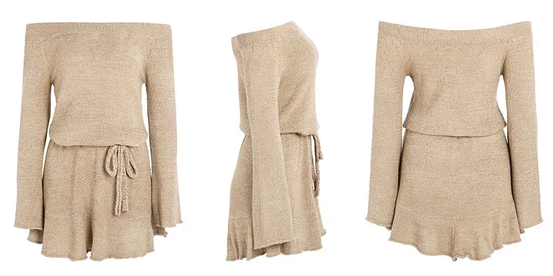Off-Shoulder Knitted Sweater Dress | Casual Long Sleeve Ruffle Short Dress