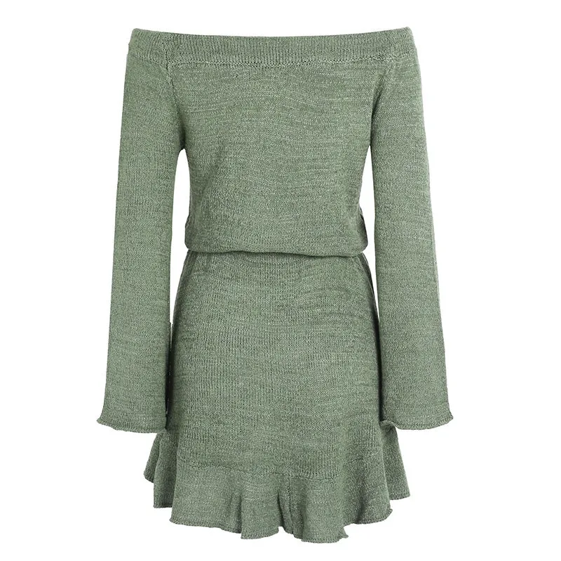 Off-Shoulder Knitted Sweater Dress | Casual Long Sleeve Ruffle Short Dress