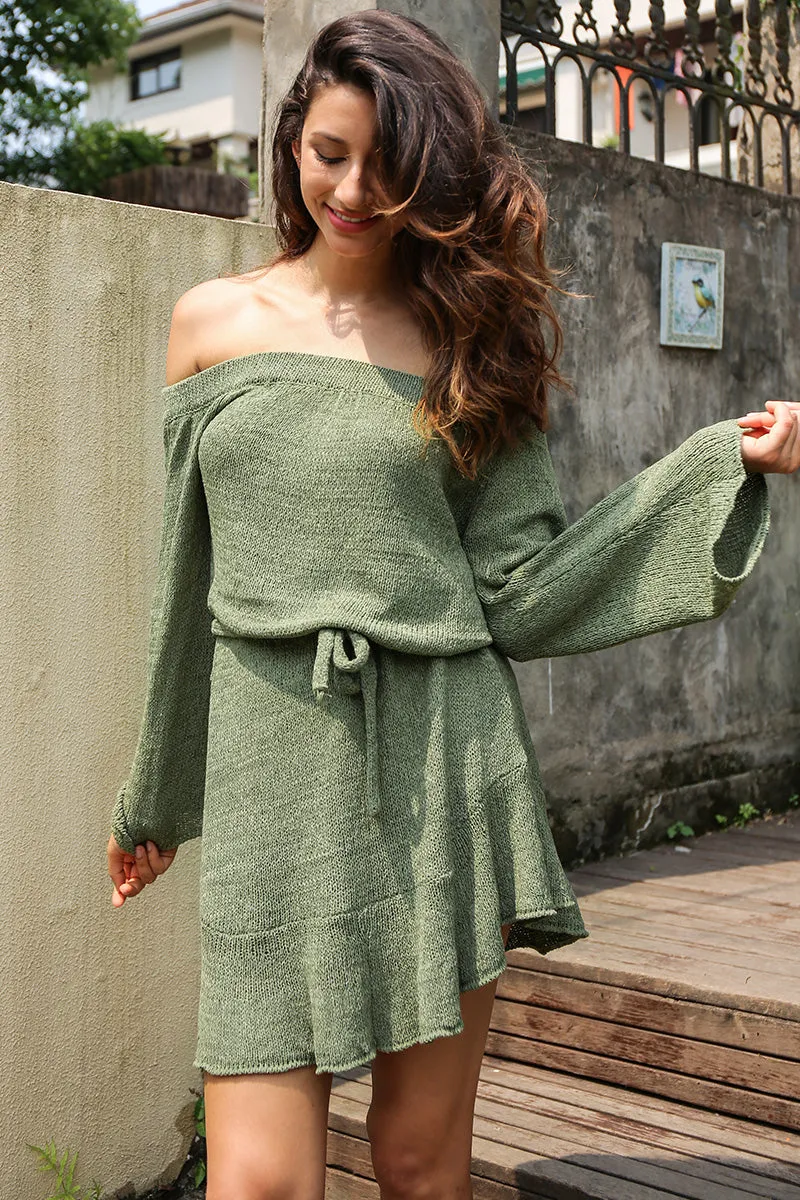 Off-Shoulder Knitted Sweater Dress | Casual Long Sleeve Ruffle Short Dress