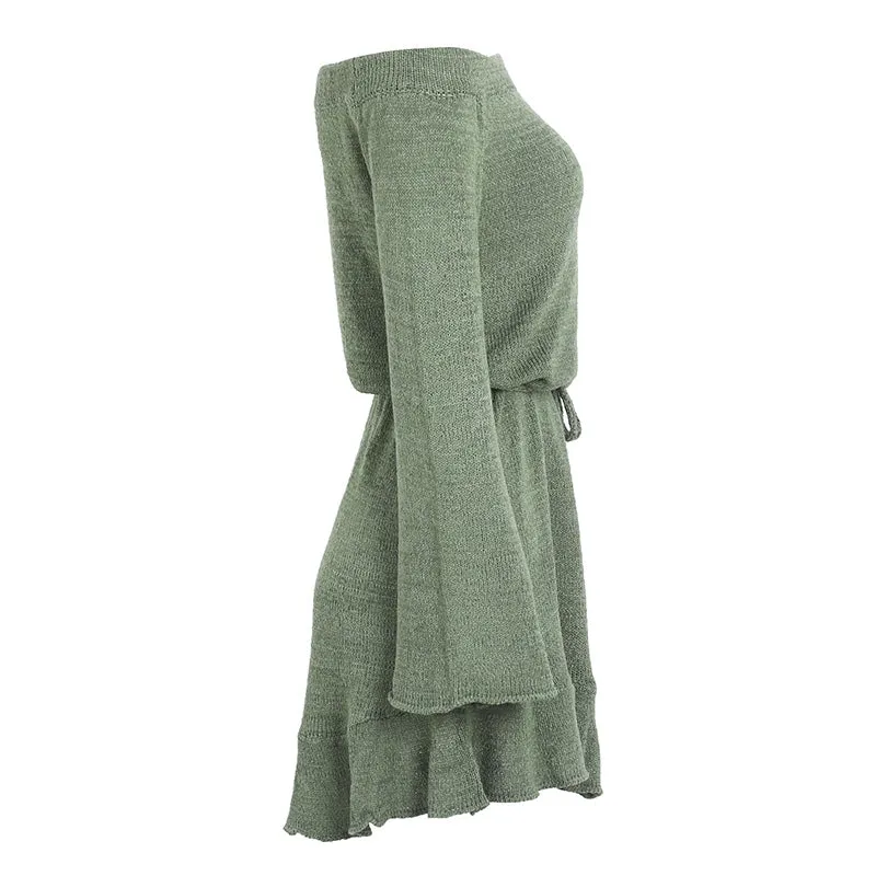Off-Shoulder Knitted Sweater Dress | Casual Long Sleeve Ruffle Short Dress