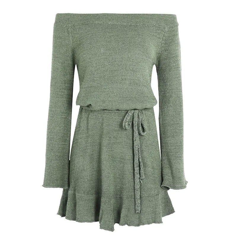 Off-Shoulder Knitted Sweater Dress | Casual Long Sleeve Ruffle Short Dress