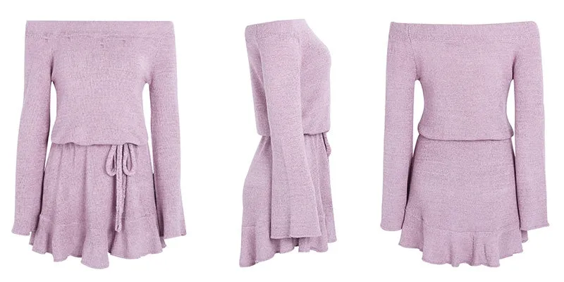 Off-Shoulder Knitted Sweater Dress | Casual Long Sleeve Ruffle Short Dress