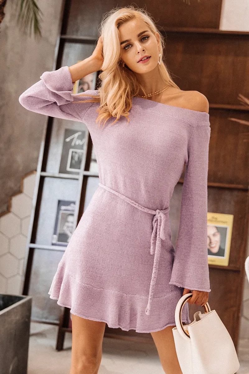 Off-Shoulder Knitted Sweater Dress | Casual Long Sleeve Ruffle Short Dress