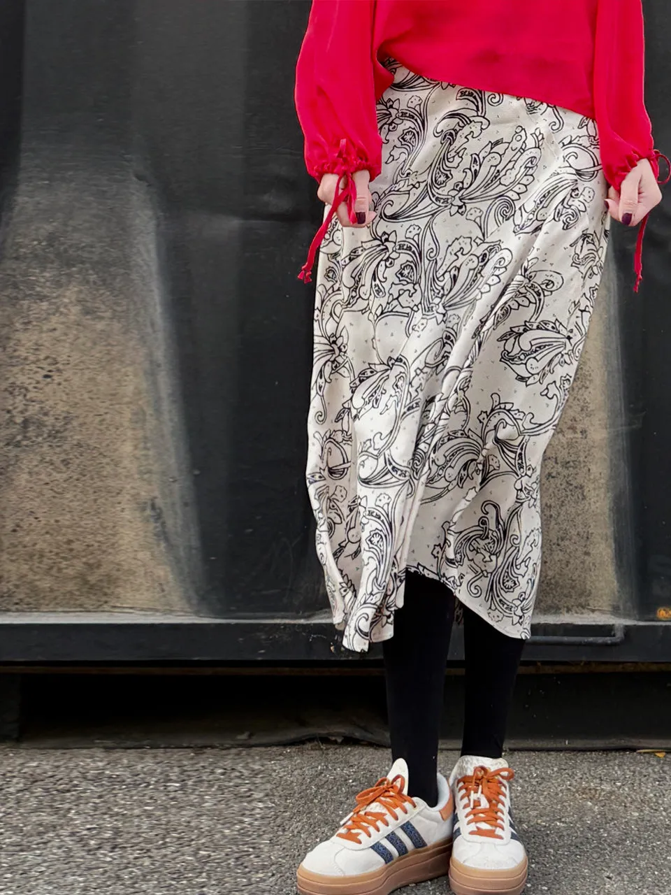 Paisley Floral Print Layered Waist A-line Airy Midi Skirt