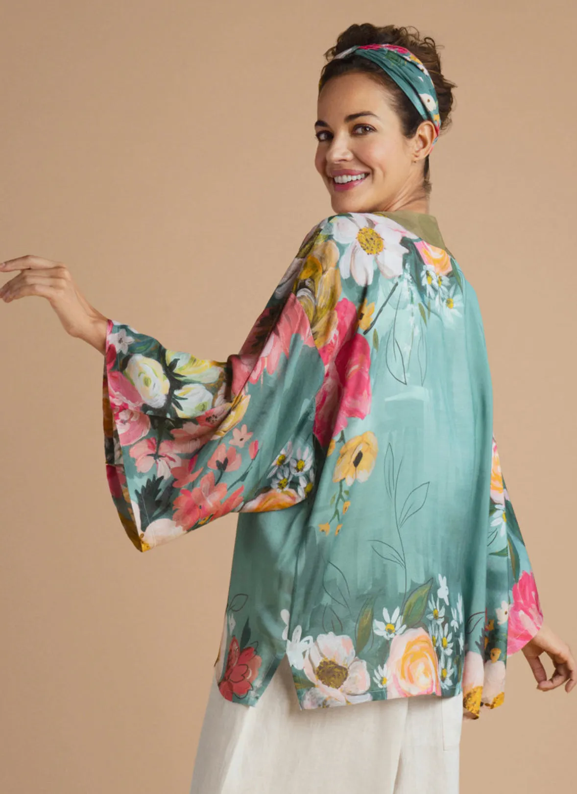 Powder Impressionist Floral Kimono Jacket - Teal