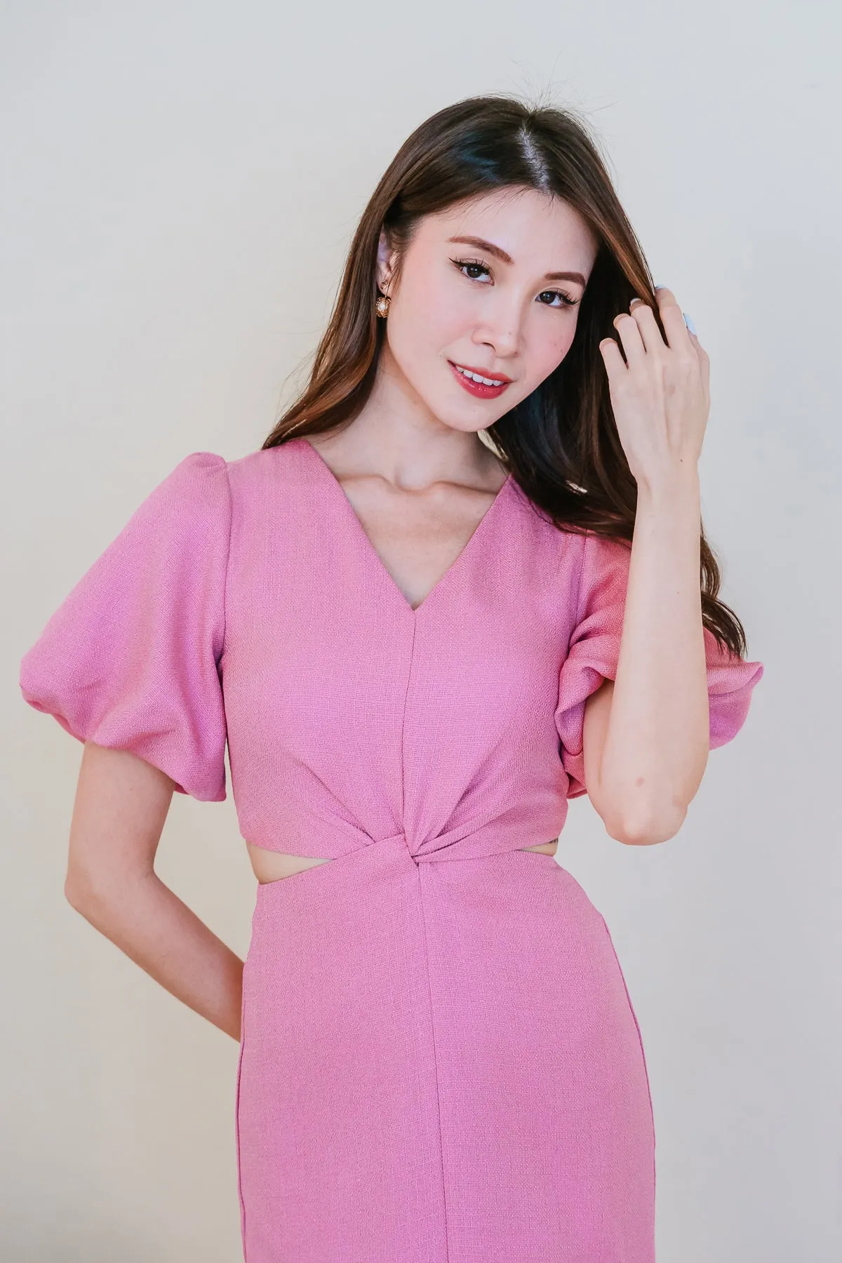 Restock: Luna Tweed Twist Knot Cut Out Dress - Doll Pink [XS/S/M/L/XL/XXL]