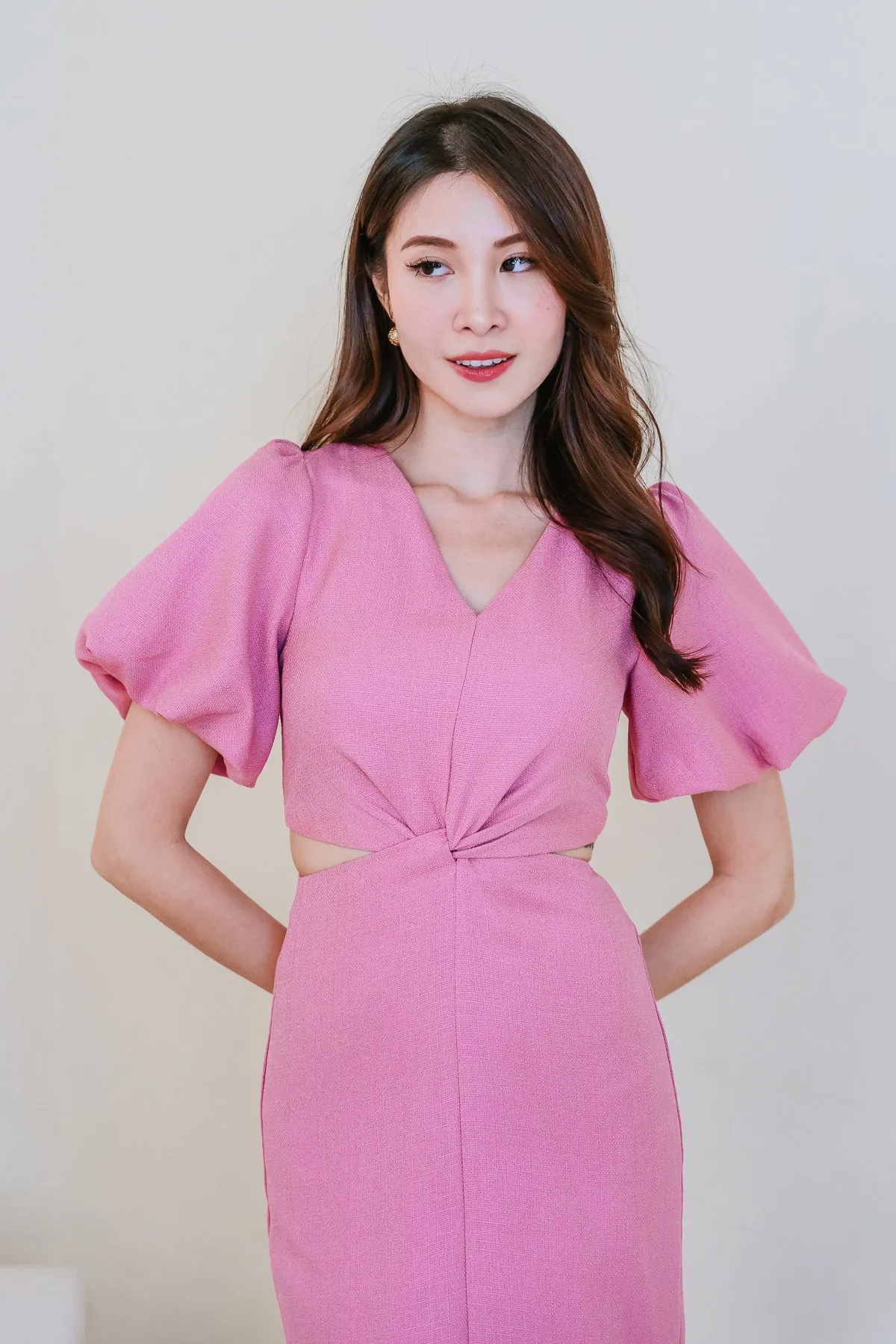 Restock: Luna Tweed Twist Knot Cut Out Dress - Doll Pink [XS/S/M/L/XL/XXL]