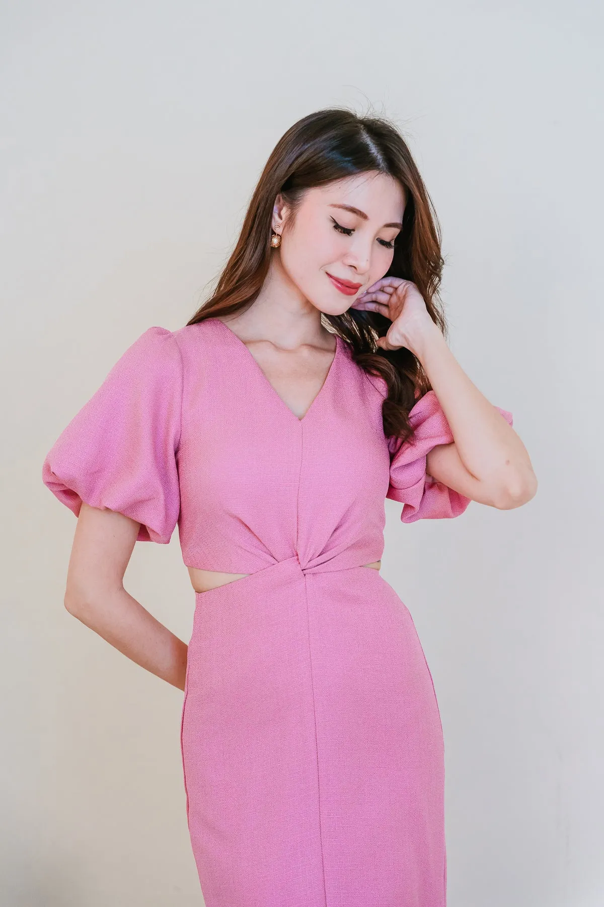 Restock: Luna Tweed Twist Knot Cut Out Dress - Doll Pink [XS/S/M/L/XL/XXL]