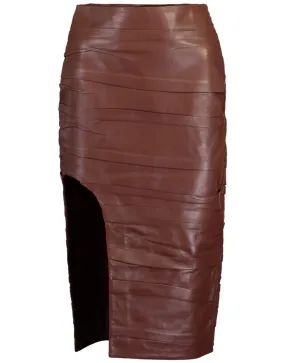 Rouched Midi Leather Skirt