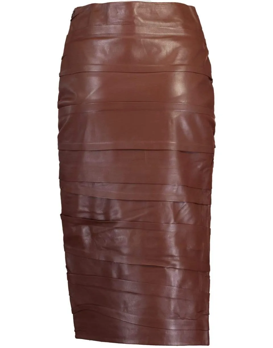 Rouched Midi Leather Skirt