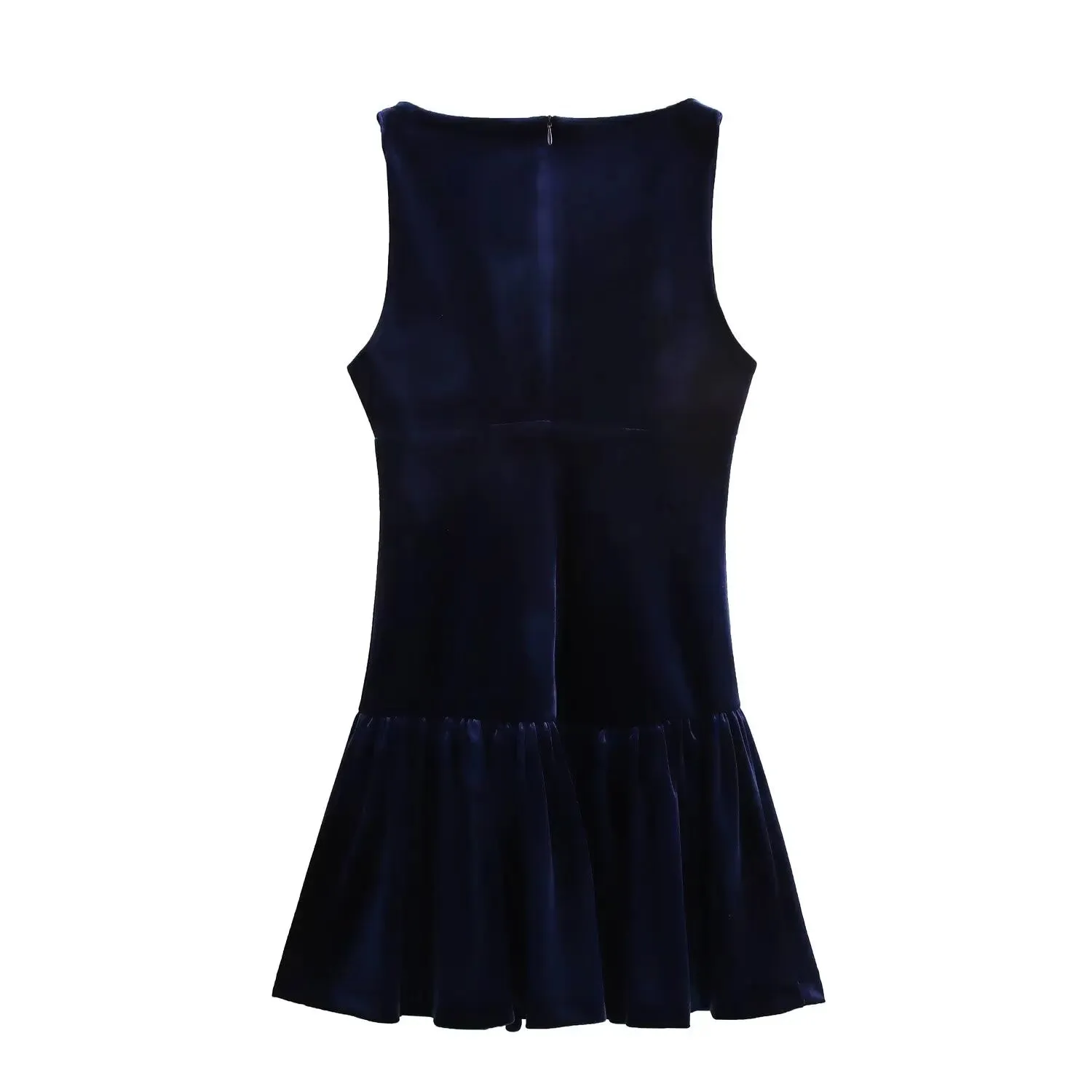 Round Neck Bow Velvet Blue Dress
