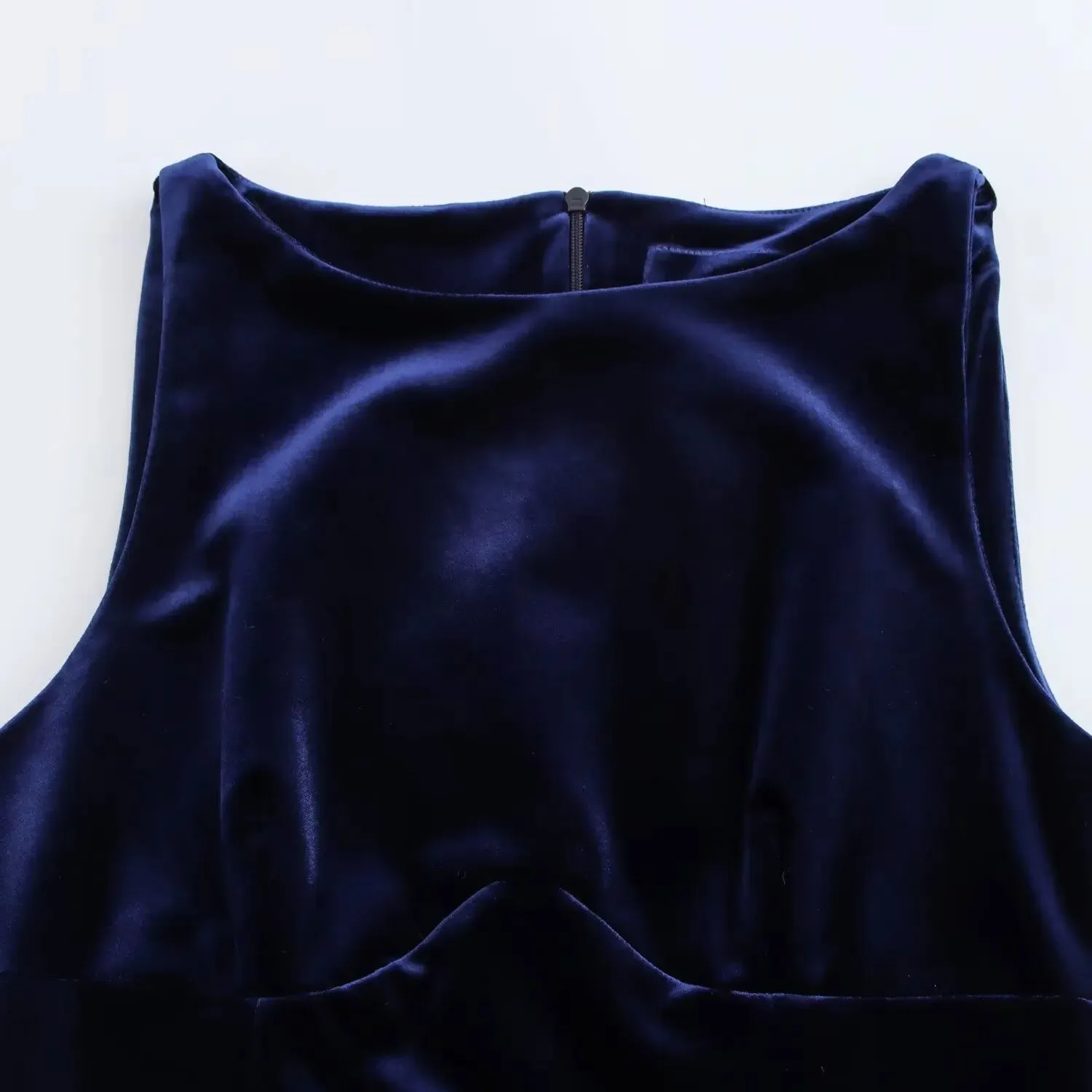 Round Neck Bow Velvet Blue Dress