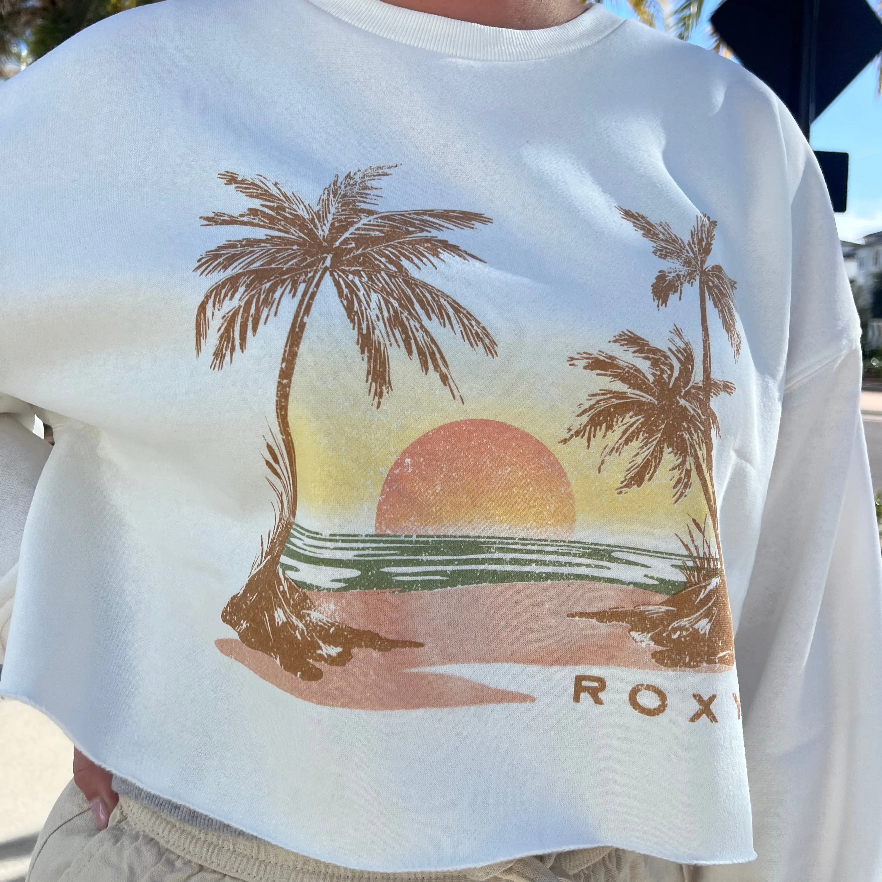 Roxy Sunset Beach Cropped Crew Neck Sweatshirt - Snow White