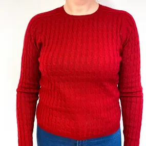 Ruby Red Cable Knit Cashmere Crew Neck Jumper Large