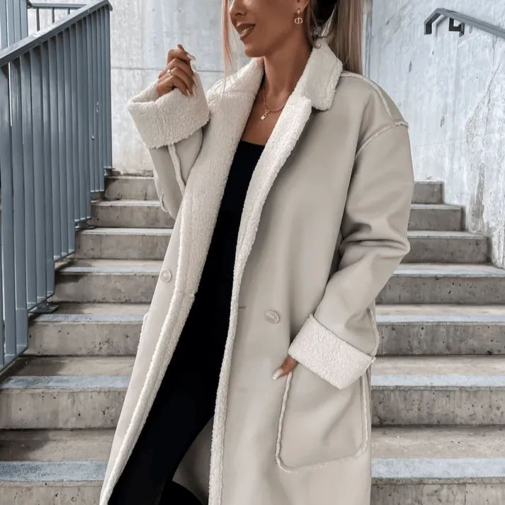 Sage | Women's Faux Leather Trench Coat - Elegant Long Winter Jacket, Stylish & Warm Outerwear