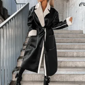 Sage | Women's Faux Leather Trench Coat - Elegant Long Winter Jacket, Stylish & Warm Outerwear