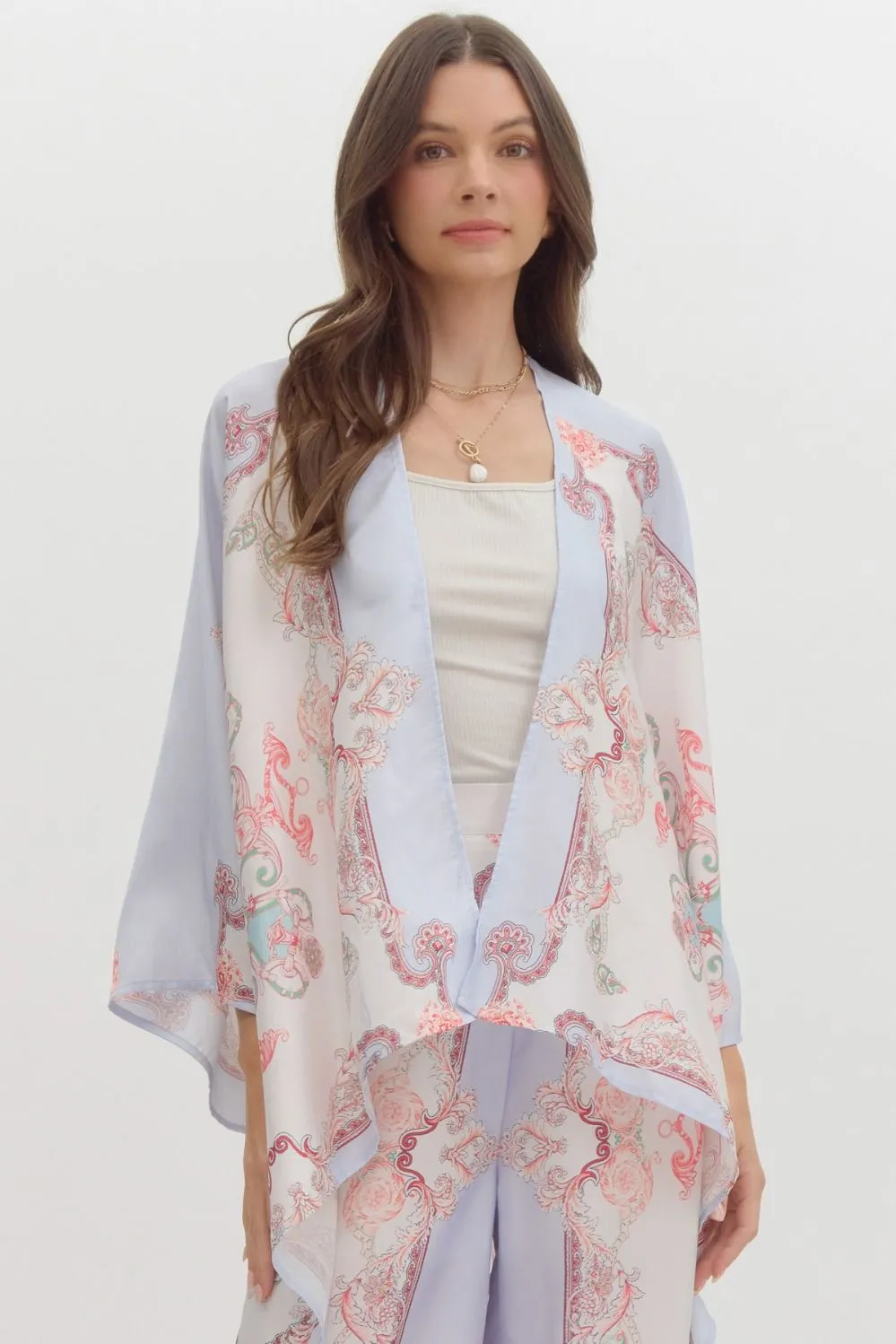 satin paisley print kimono cardigan